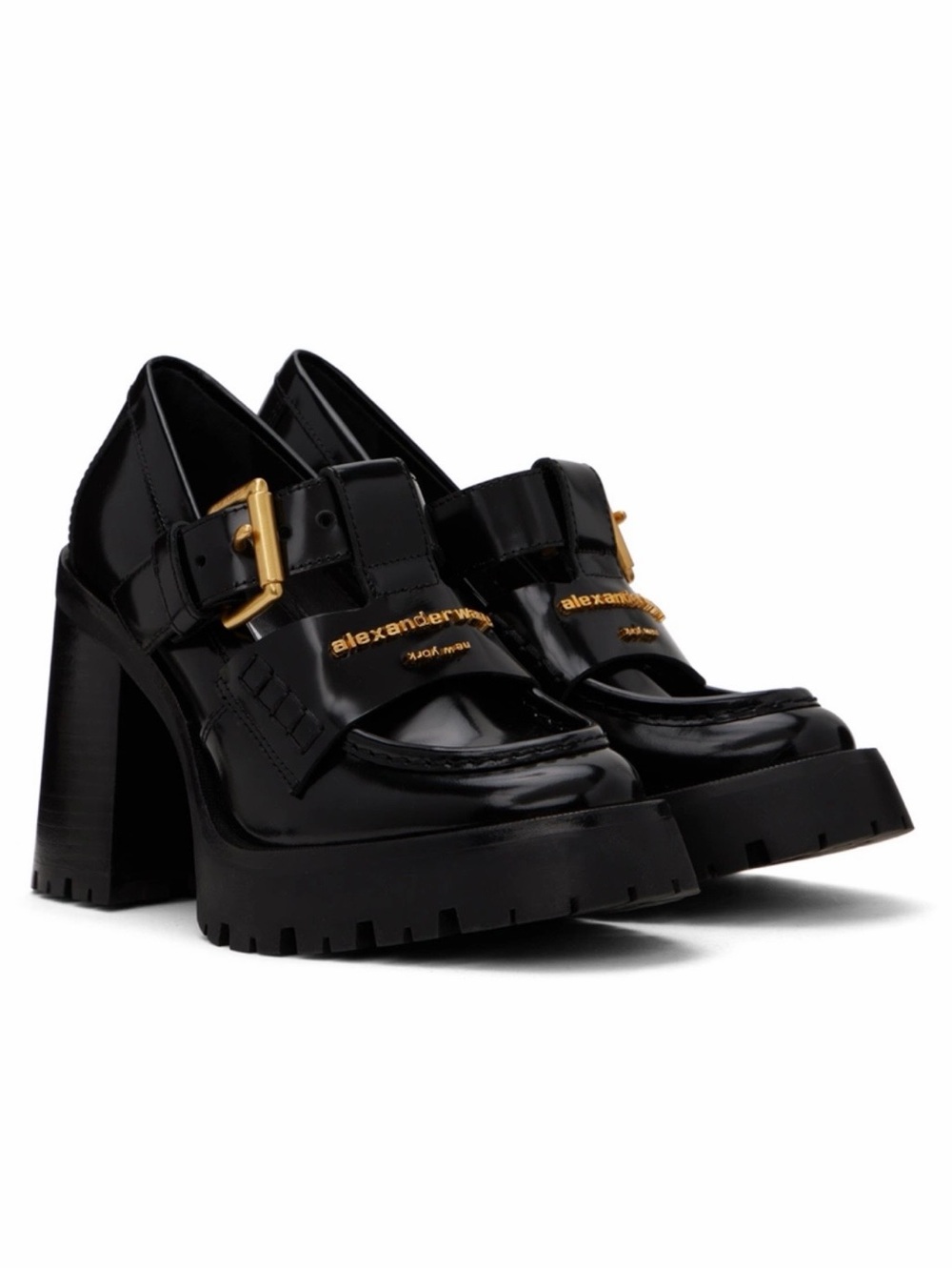 Alexander Wang Black Patent Platform Block Heel Loafers with Gold Hardware